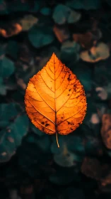 Solitary amber leaf suspended over deep teal forest floor.