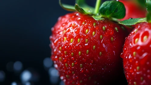 Close-up shows wet strawberries with visible seeds and texture