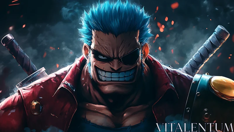 Grinning blue‑haired outlaw with twin blades ignites chaos.