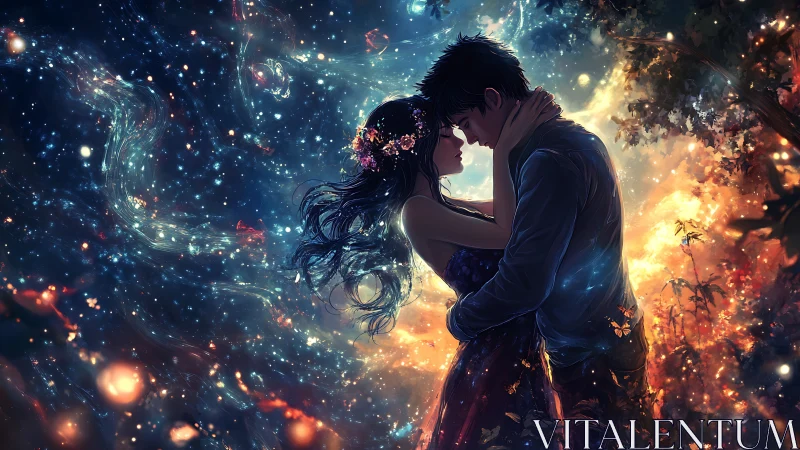 Silhouetted figures in luminescent cosmic environment