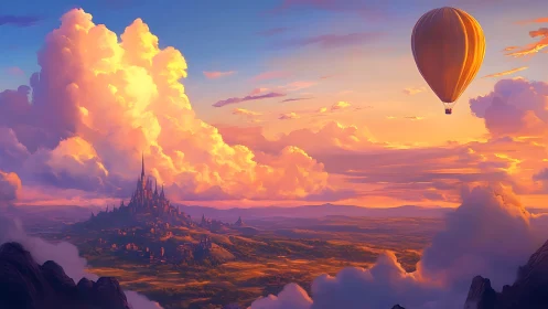 Golden balloon drifts above a dreamy castle at sunset sky