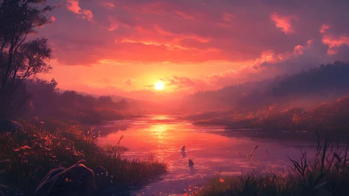 Sunlit river valley glows under vivid red sunset sky