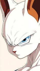 Fierce white feline warrior glares with intense blue eyes.