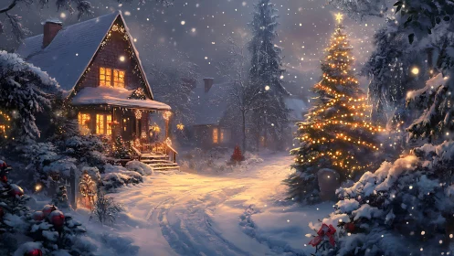 Snowlit cottage and glowing Christmas tree in hush of night.