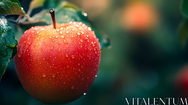 Ripe red apple with dewdrops in shallow orchard bokeh field.