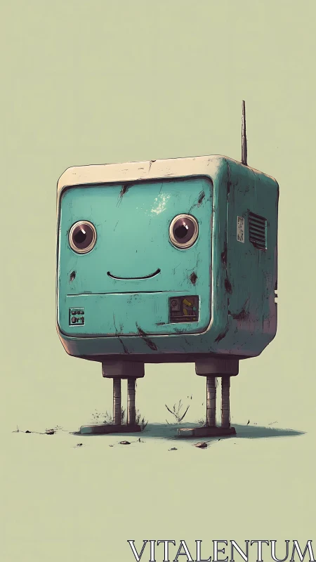 Weathered turquoise robot box with simple standing legs.