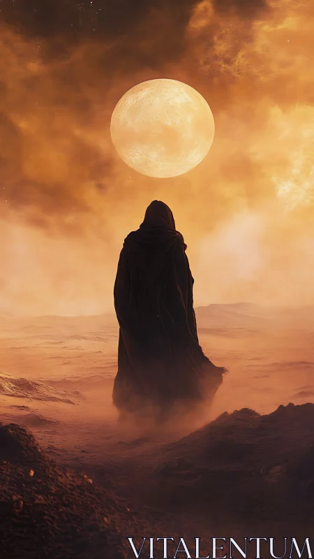 Hooded wanderer studies burning moon above desert haze.