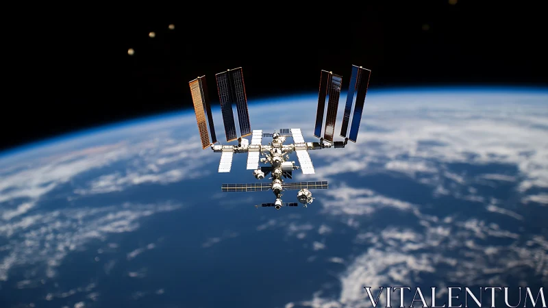 International Space Station orbits Earth above blue cloud layer