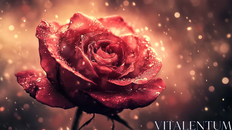 Red Rose with Dew Droplets Against Warm Bokeh Background.