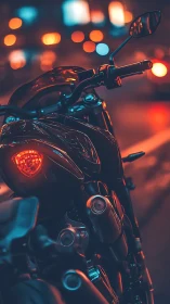 Neon-lit motorcycle close-up in cinematic cyberpunk framing.