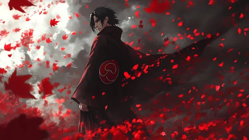 Solitary warrior in red cloak amid swirling crimson leaves.