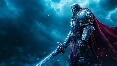 Armored knight stands under stormlit sky gripping runed sword