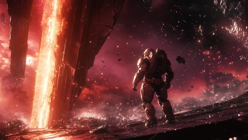 Armored soldier faces colossal lava rift on alien horizon.