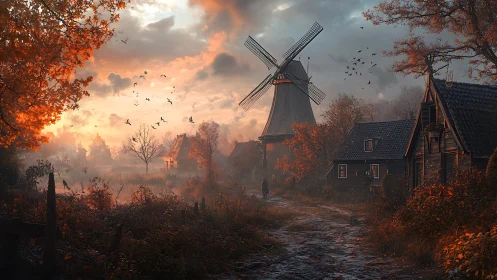 Autumn windmill village glows under dramatic sunset sky.