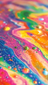 Multicolored liquid surface with droplets and flowing bands.