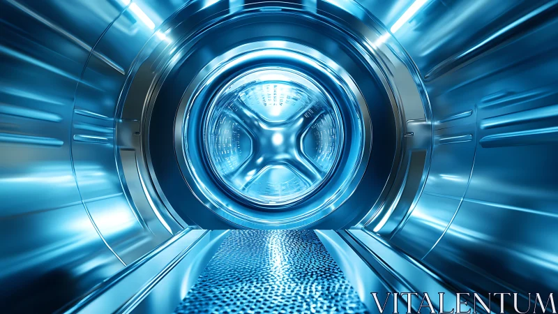 Futuristic stainless steel washing drum glows with cool light