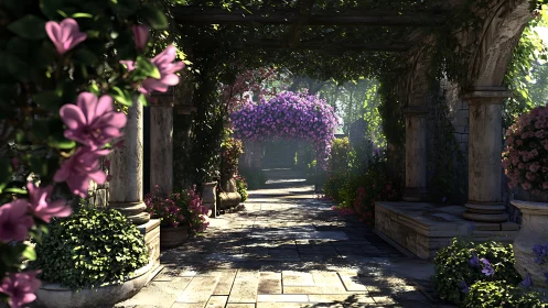 Sunlit floral pergola corridor with stone columns and vines.