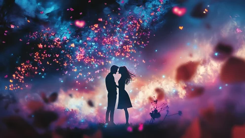 Couple Kissing Under Glowing Particle Sky
