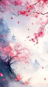 Vertical sakura landscape renders misty pagodas with soft gradients