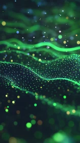 Green particle waveforms form layered digital landscape structure