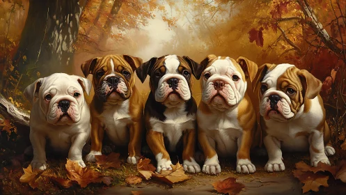 Bulldog puppies sharing cozy autumn magic in the woods.