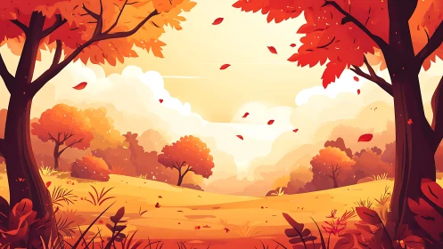Stylized autumn landscape with trees and falling leaves.