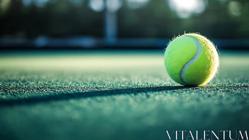 Tennis ball resting on sunlit hard court in close focus.