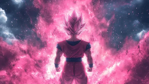 Back view anime fighter in pink energy cloud field.