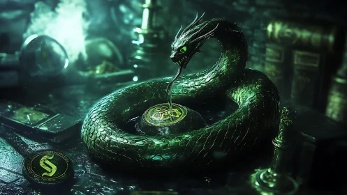 Emerald serpent coils around glowing alchemical coin idol.