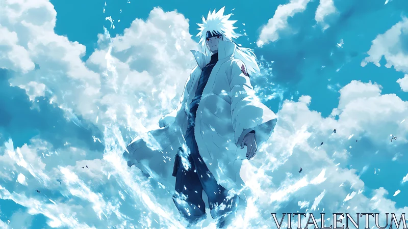 Storm-wreathed anime warrior strides through shattered skywater.