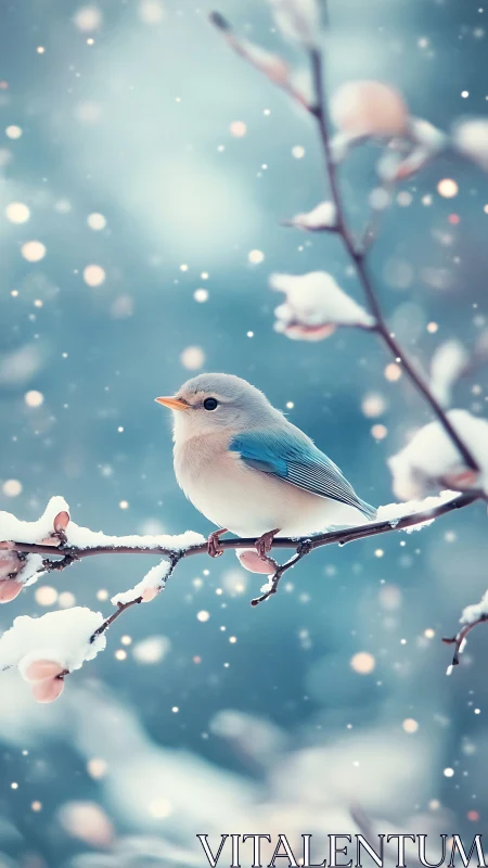 Perched songbird amid crystalline snowfall and bokeh luminescence.