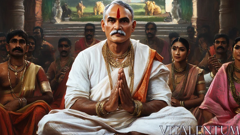 Elderly Hindu leader in ornate white dhoti leads formal seated prayer