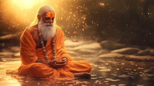 Meditating ascetic in orange robes under volumetric river light field