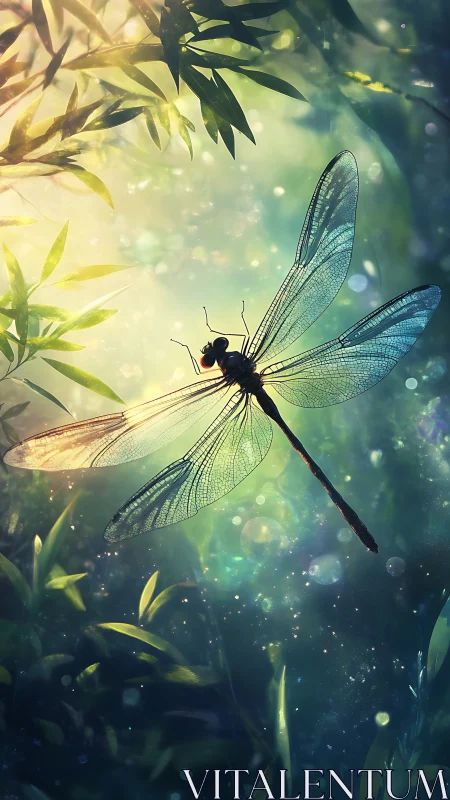Dragonfly with translucent wings in soft forest light.