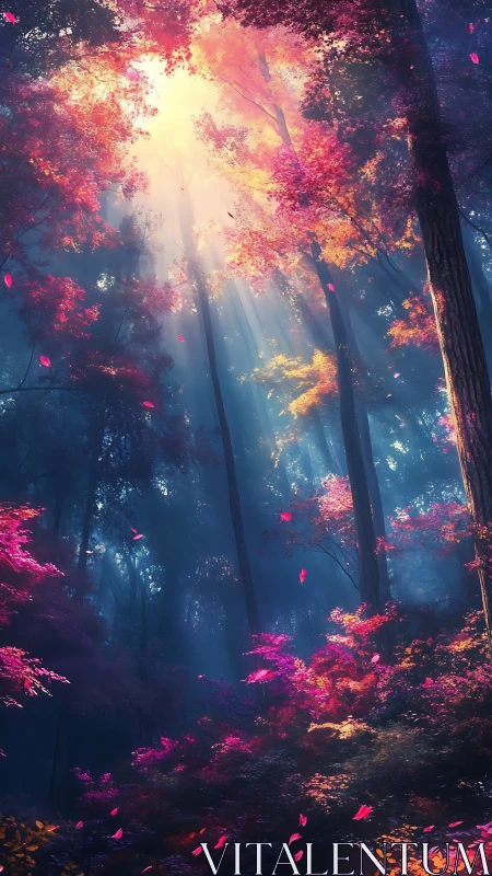 Luminous Forest Canopy with Magenta Foliage and God Rays.