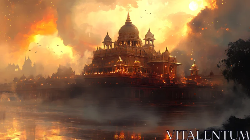 Golden riverside palace glows against dense fiery clouds