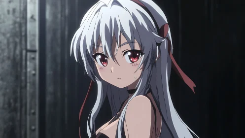 Silver haired anime girl with red eyes in moody lighting.