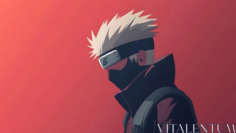 Masked silver-haired ninja profile under red gradient sky.