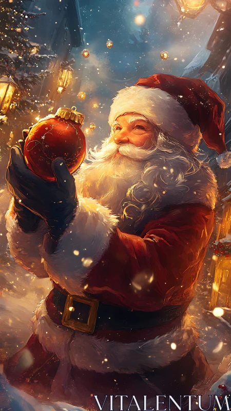 Santa studies glowing red bauble in snowy lantern-lit street