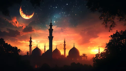 Silhouetted mosque complex stands beneath crescent moon sky