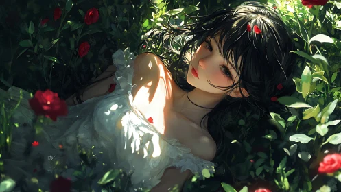 Luminous anime portrait of girl reclining in rose thicket.