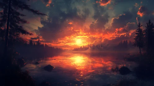 Digital landscape of forest lake under vivid sunset sky.