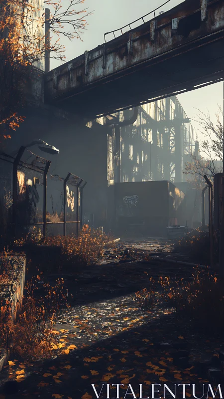 Decayed industrial overpass above autumn-lit derelict alleyway