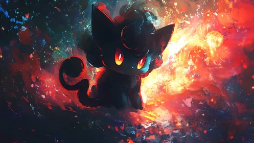 Cosmic ember kitten drifting through a storm of stardust.