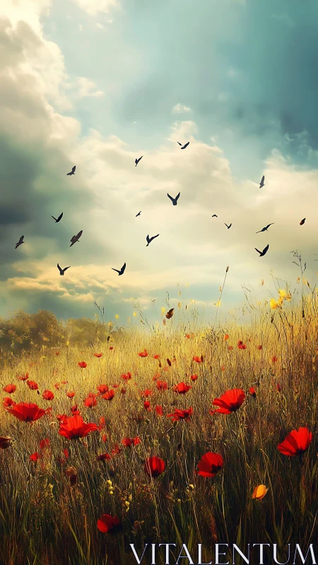 Crimson poppies listen skyward as migrating birds sketch wind