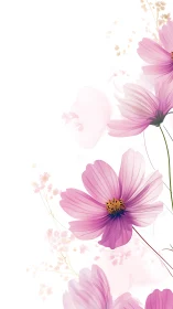Pink Cosmos Flowers. Soft petals dance across white space.