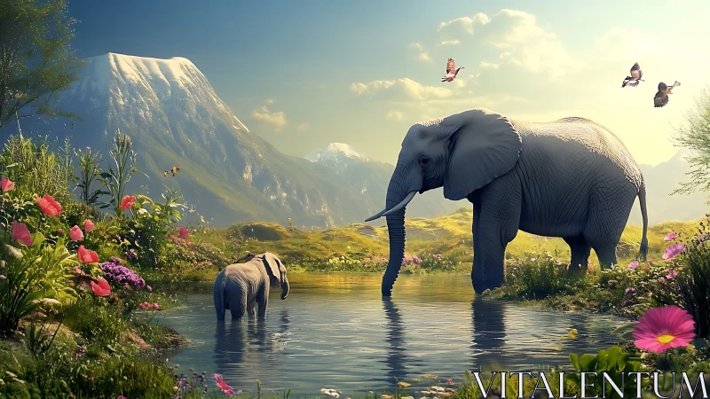 Elephants wander a tranquil alpine lake in glowing spring light