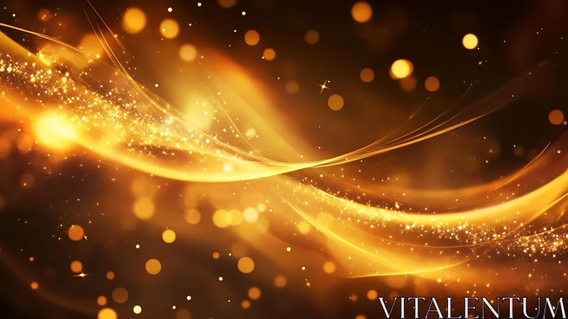 Abstract golden light waves with glowing sparkles, digital art.