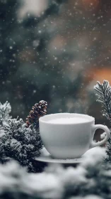 White winter coffee cup amid snow covered pine boughs.