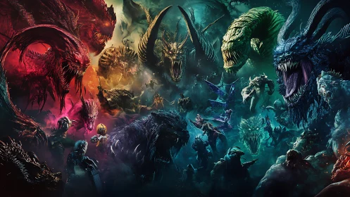 Epic monstrous clash erupts in a cosmic, neon-tinted void